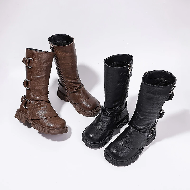 女童洋气堆堆女童靴子长筒靴公主皮靴高筒25秋冬新款儿童牛仔西部