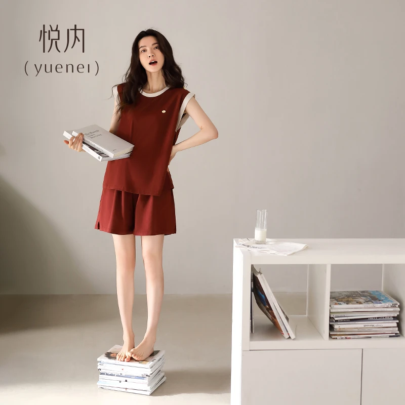 悦内【带胸垫】夏季纯棉无袖背心短裤女士家居服防侧漏休闲睡衣红色