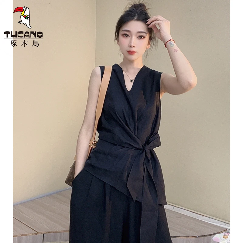 啄木鸟夏季显瘦亚麻新款气质设计感收腰女式夏季收腰阔腿衬衫套装