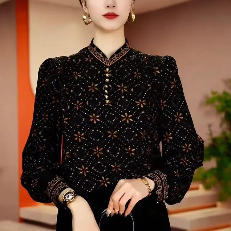 2025春季新款气质古典印花打底衫洋气减龄长袖小衫