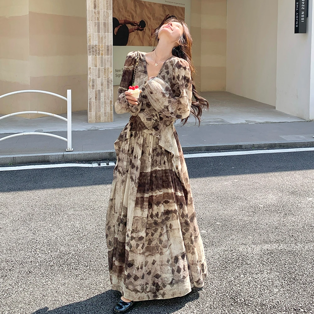 法式氛围感气质显瘦甜酷长裙女2025早秋新款慵懒轻熟风印花连衣裙