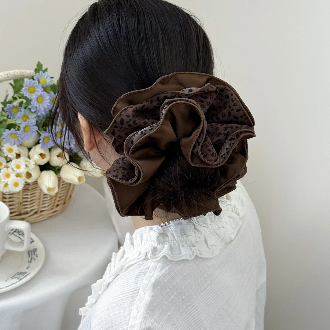 韩版豹纹四层锁边缎面大肠发圈新款轻奢时尚百搭丸子头扎马尾发绳