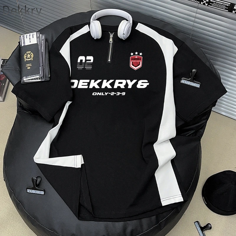 【Dekkry】夏季美式时尚休闲情侣撞色拼接复古潮流运动拉链T恤