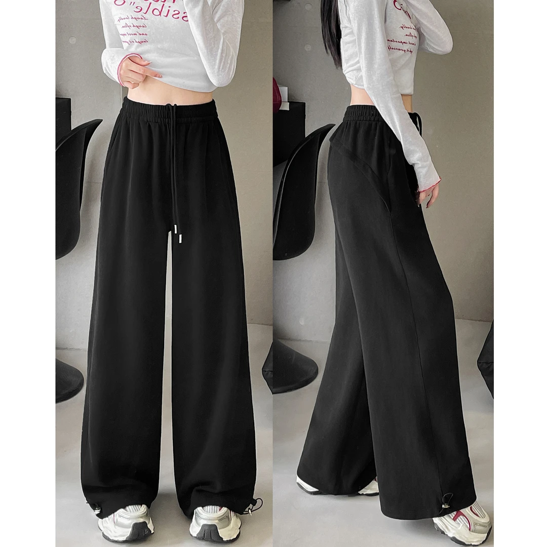 黑色运动阔腿裤女2025秋季新款高腰显瘦慵懒垂感美式直筒休闲卫裤