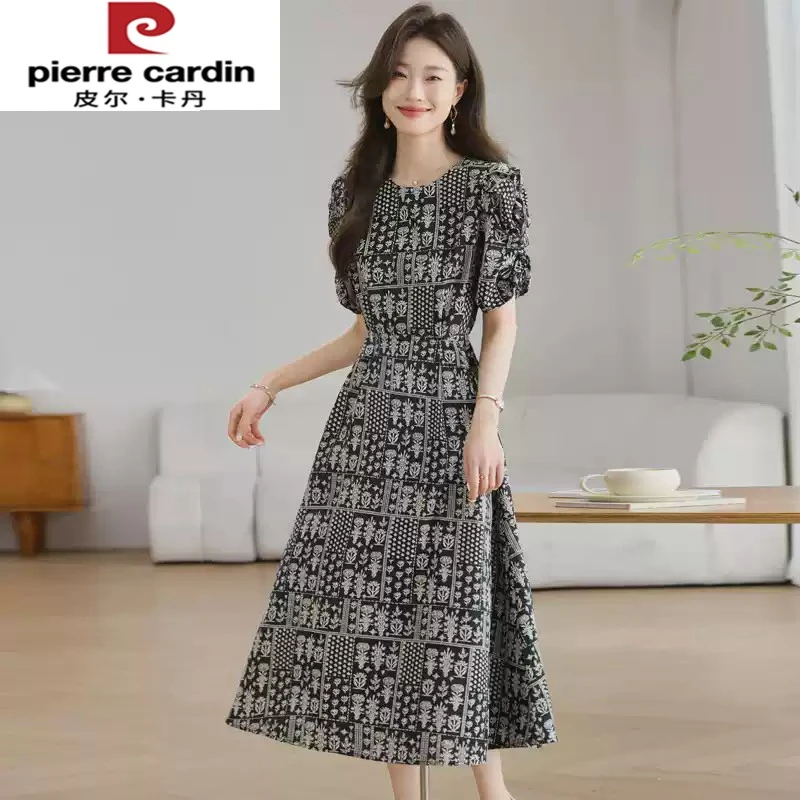 皮尔卡丹法式印花雪纺连衣裙2025夏季新款高级感收腰气质中长款短