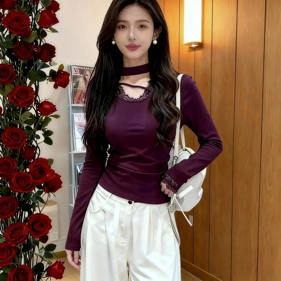 法式蕾丝拼接打底衫上衣秋冬温柔风修身显瘦时尚内搭长袖T恤0055