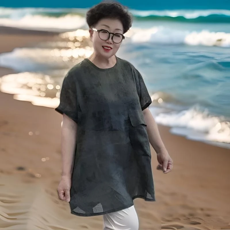 【贵丽坊】新品时尚休闲大码高档暗花苎麻圆领薄款休闲衫 5183#