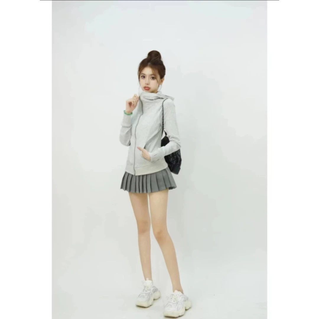 美式高街花灰色连帽开衫卫衣女春秋薄款显瘦减龄气质休闲百搭外套