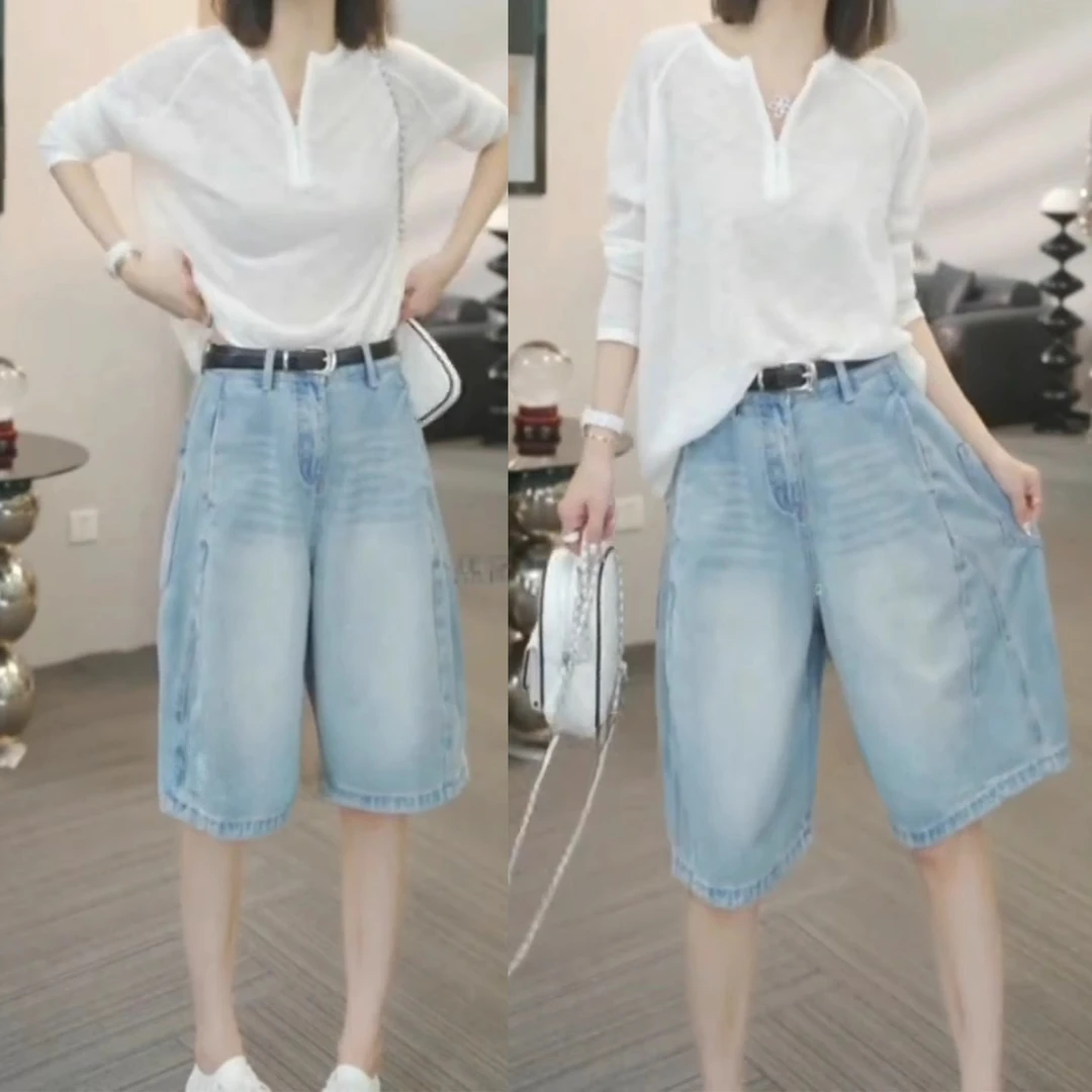 天丝五分花苞工装牛仔裤女2025年夏季新款宽松阔腿裤时尚休闲短裤