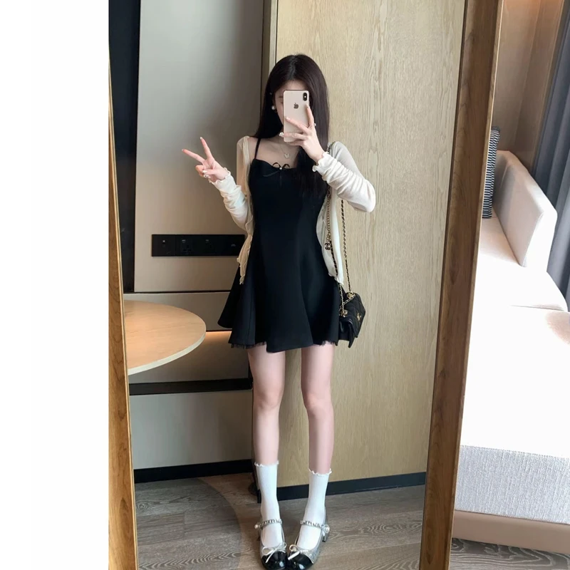 气质小黑裙精致套装INS风显瘦百搭吊带裙+小开衫