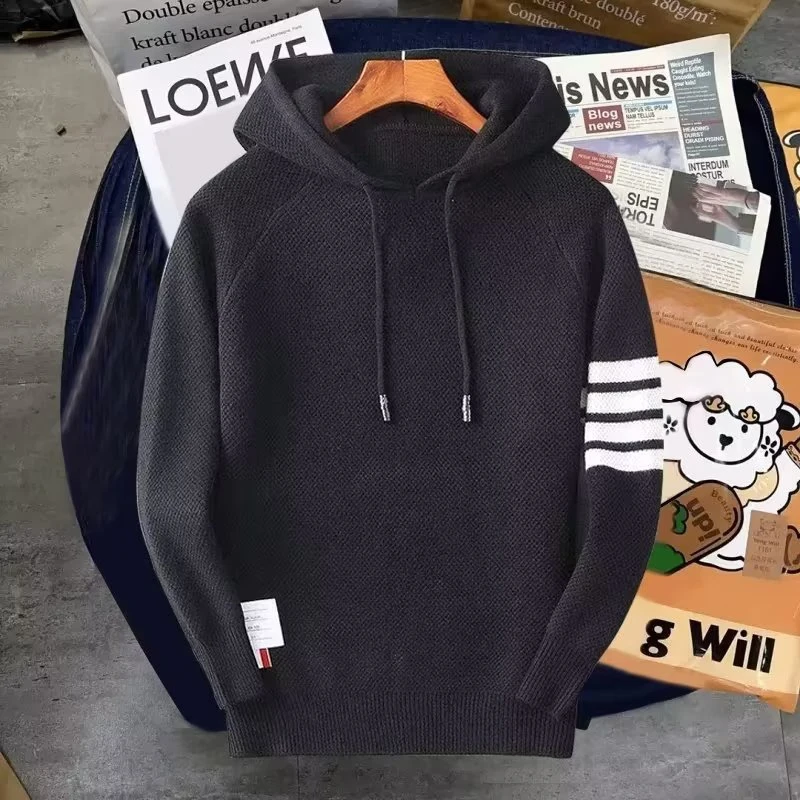 DeweLvum潮流时尚连帽针织毛衣男套头条纹修身长袖保暖休闲上衣男