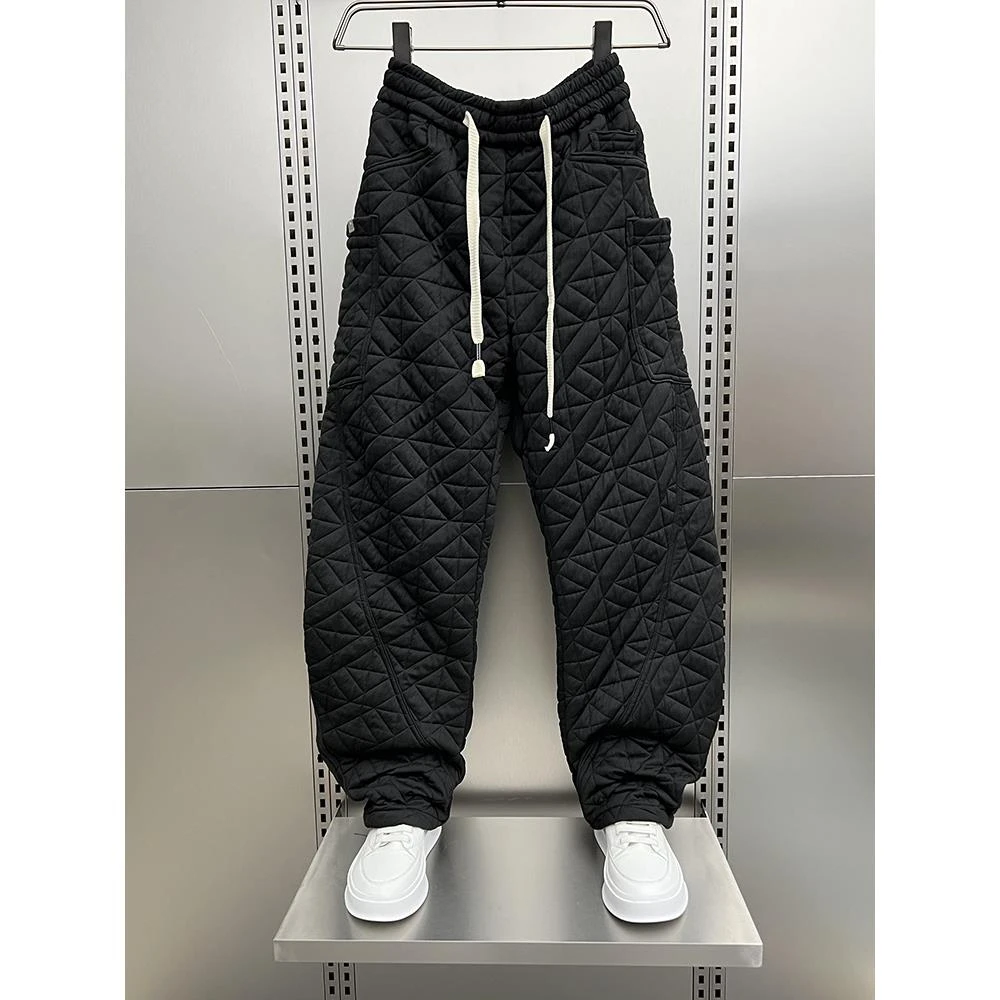 灏吉弧菱形格棉裤男2025秋冬外穿加厚裤子宽松直筒休闲长裤弯刀裤