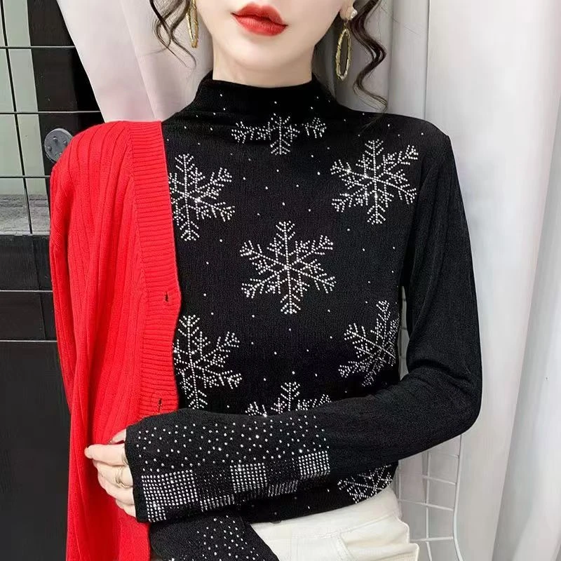 新春爆款雪花舒适打底衫时尚百搭长袖网红半高领