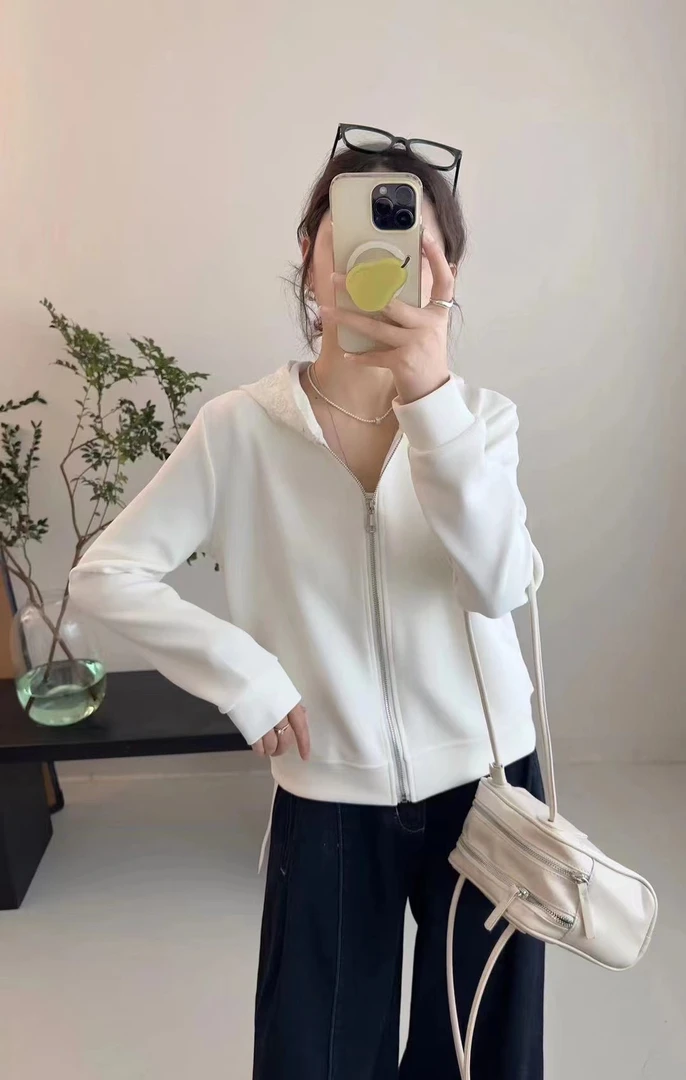 蕾丝拼接假两件连帽设计拉链卫衣女2025春复古宽松显瘦百搭外套潮