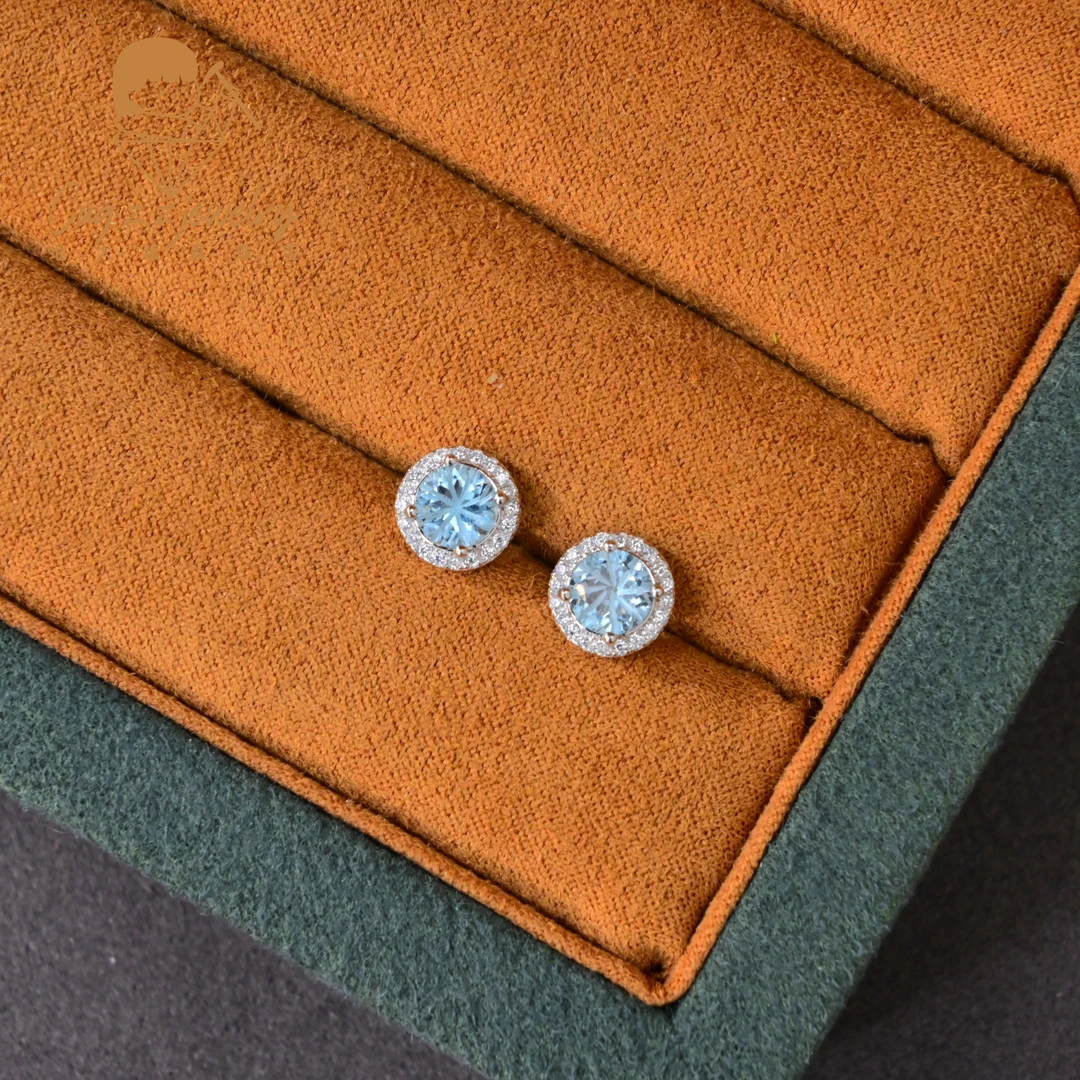 天空蓝托帕石烟花切重工耳钉小圆气质爆闪耳饰925银