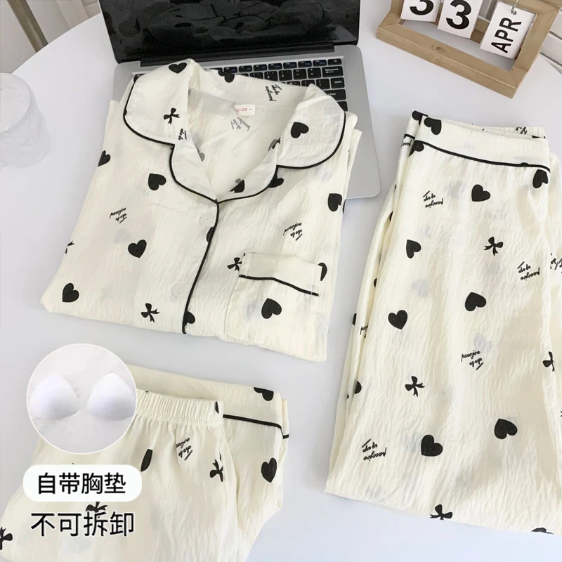 【胸垫版】日系爱心一体胸垫睡衣女夏季短袖短裤短裤三件套装家居服