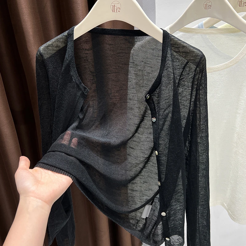 黑色单排扣圆领针织休闲外套2025新款爆款宽松防晒开衫高级感上衣