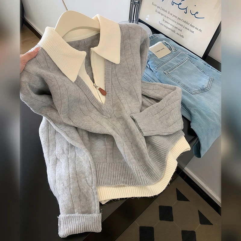 半拉链POLO领长袖针织衫女秋冬款韩系学院风百搭显瘦减龄毛衣上衣