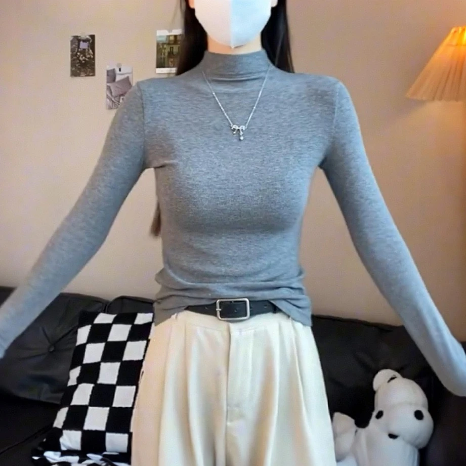 老钱风螺纹半高领长袖t恤女早秋新款打底衫内搭修身显瘦上衣潮