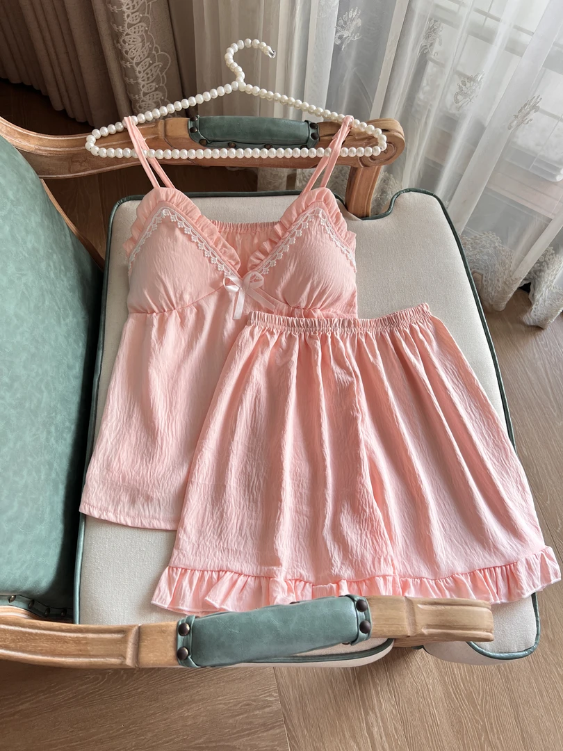 奶乎乎夏季睡衣女带胸垫云朵棉2025新款吊带家居服套装夏天可外穿