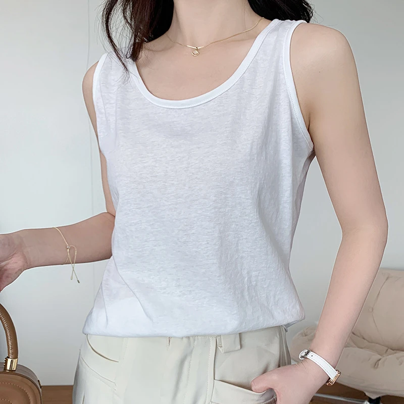 通勤女欧美风休闲风百搭极简风背心吊带纯色无袖白色圆领简约夏季