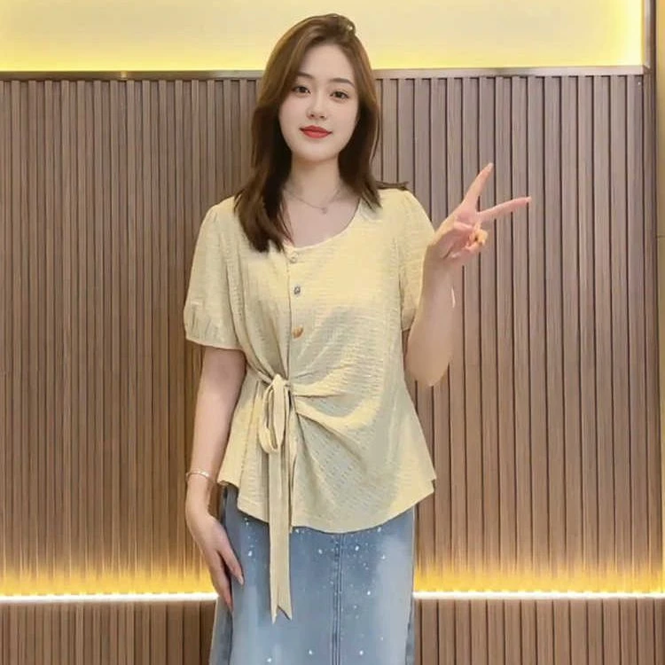 大码胖mm气质温柔风绑带设计感短袖T恤女夏季遮肚子显瘦别致上衣