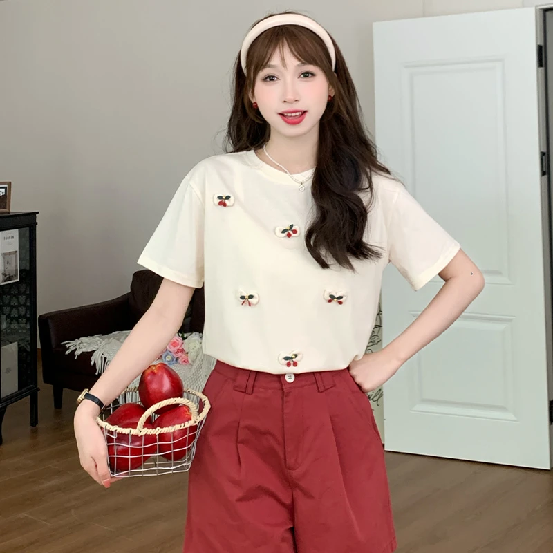慕兔韩版甜美印花圆领T恤女2024夏季新款小众减龄设计感百搭上衣