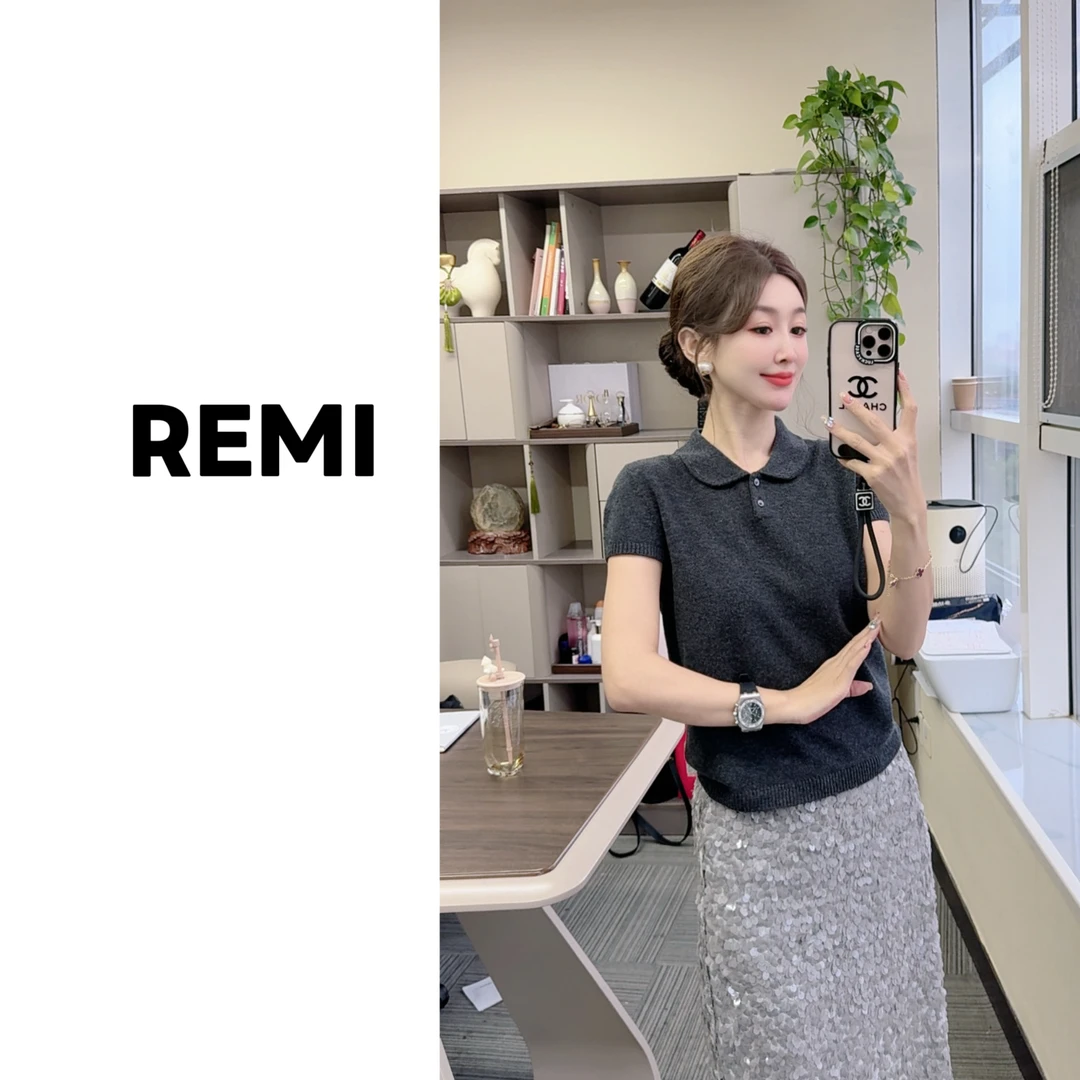 REMI[小翻领羊毛衫]常规拼接短袖POLO领秋冬时尚白色羊毛衫
