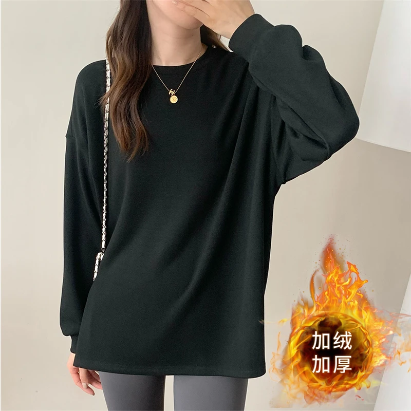 宽松加绒打底衫秋冬新款保暖韩系纯色加厚女款打底韩系休闲
