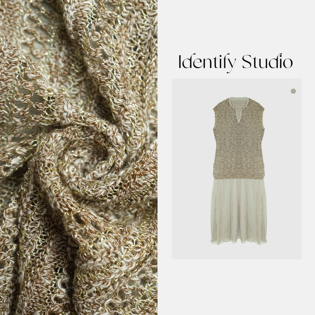 IDENTIFY"丽莎"夏新款百搭针织拼纱双层领口假两件收腰连衣裙25SS