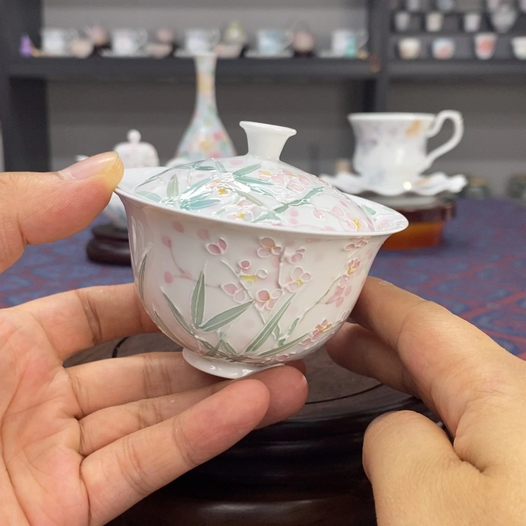 竹子梅花盖碗釉下手绘高温