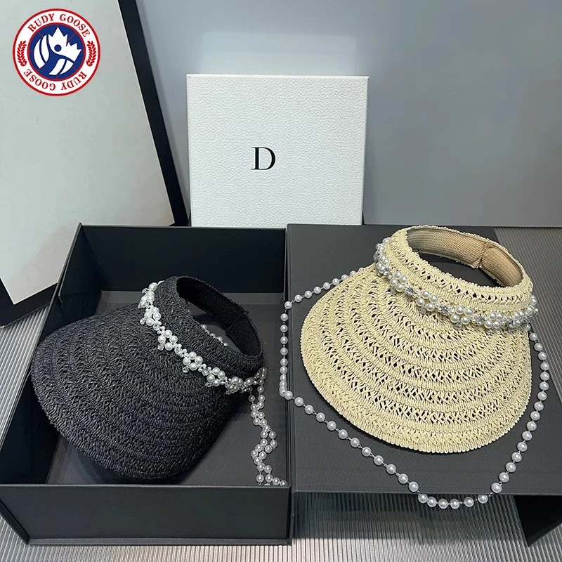 RUDY GOOSE小香风珍珠链条空顶帽子夏季水钻草帽防晒沙滩遮阳帽女