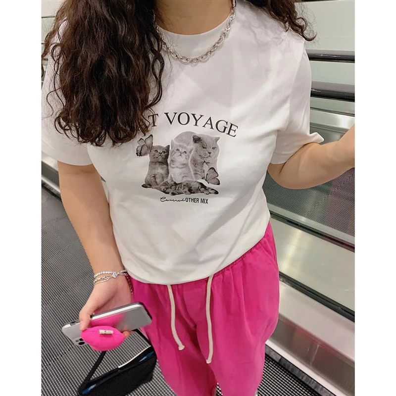 Dazi金大支短袖T恤女猫咪T修身显瘦白色打底上衣正肩0103/0894