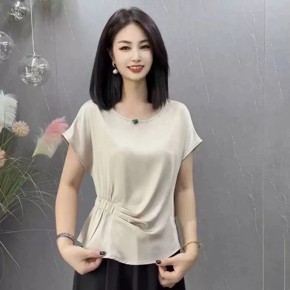 夏季经典缎面简约款打揽设计气质短袖衬衫上衣