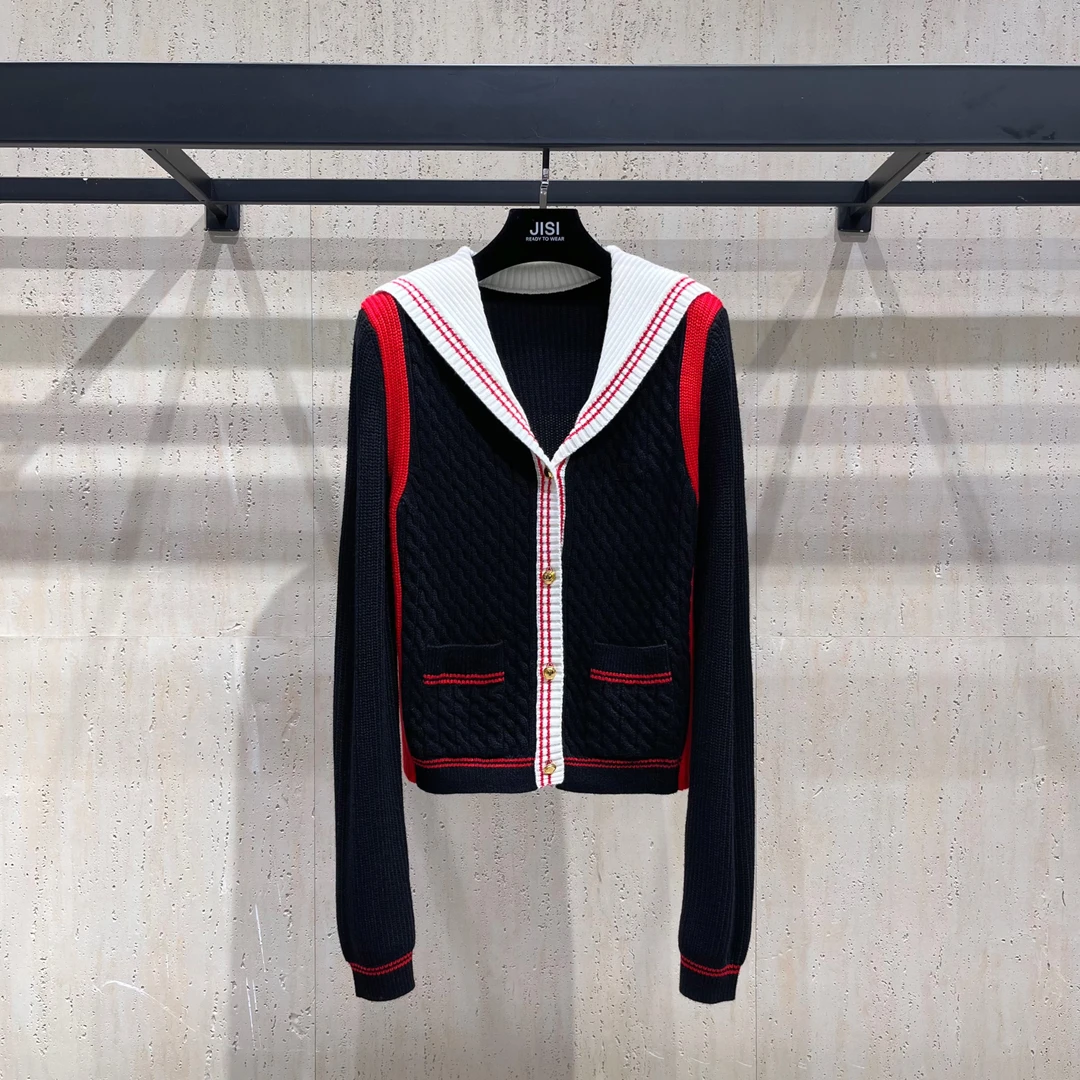 JISI 撞色海军领针织开衫长袖外套-MZ24513