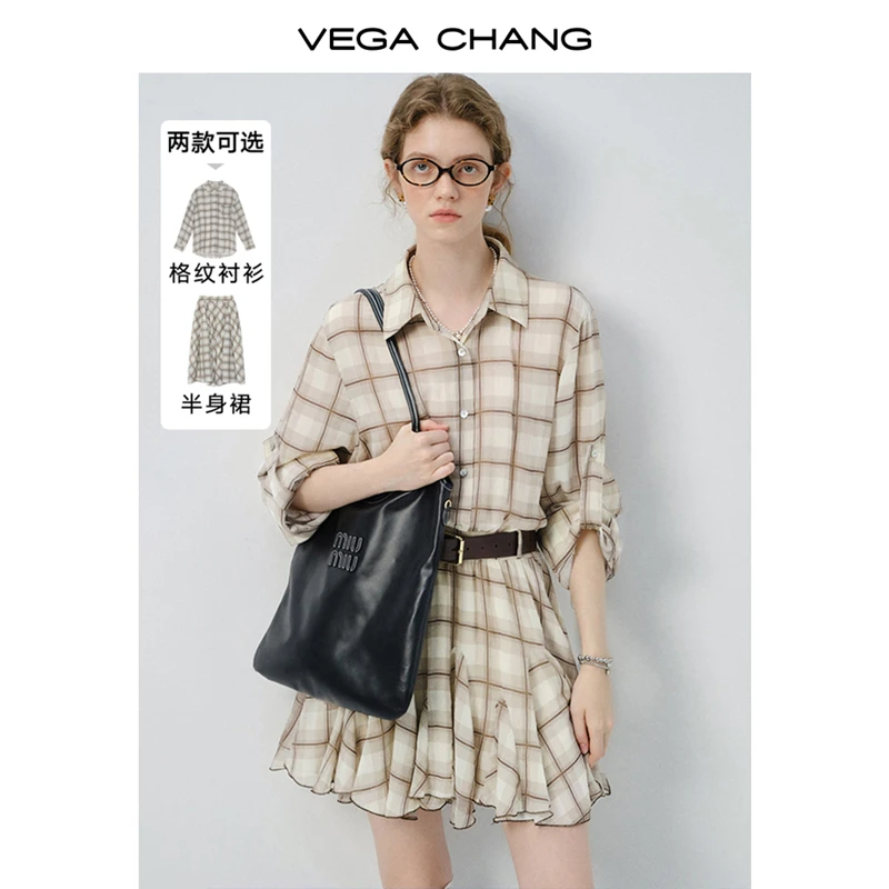 VEGA CHANG连衣裙女2025新款夏季设计感针梭格纹蛋糕裙