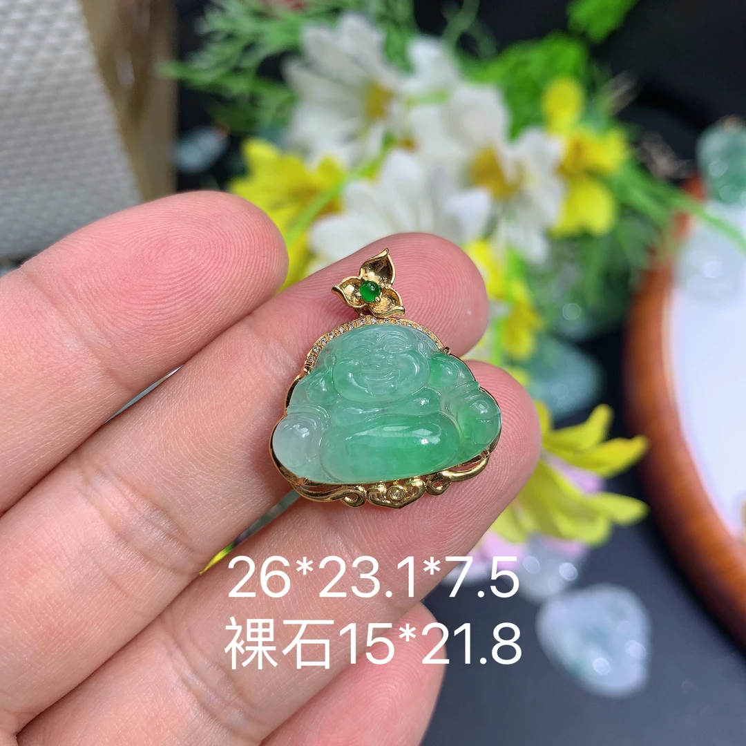 天然缅甸翡翠A货冰种满绿佛公满吊坠种老水足气质百搭精雕精美百