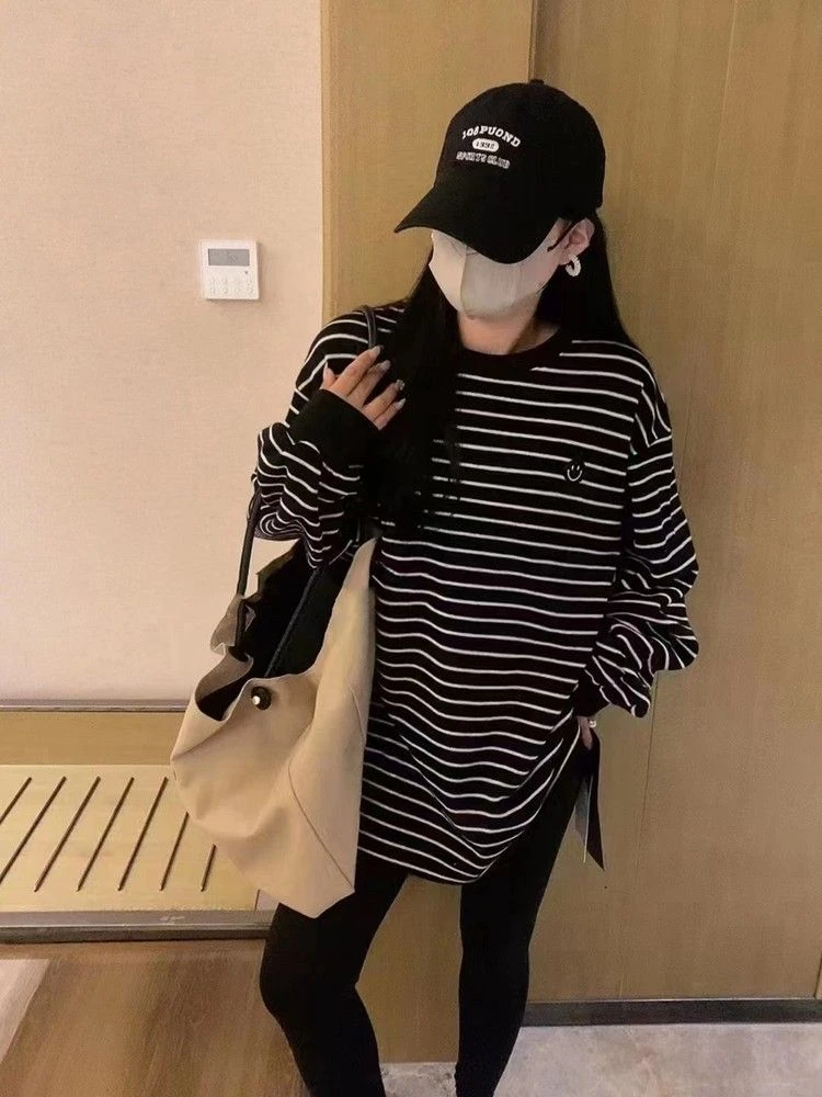 德绒磨毛圆领条纹打底衫女秋冬内搭宽松百搭中长款长袖T恤上衣ins