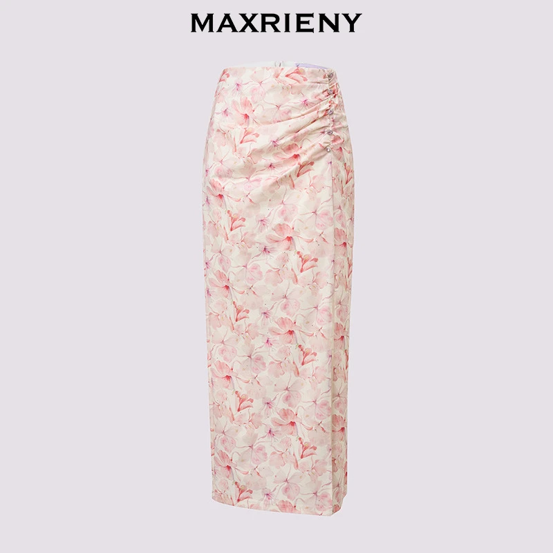 MAXRIENY复古春日氛围感印花开叉半裙高腰抽褶长裙2025春季新款