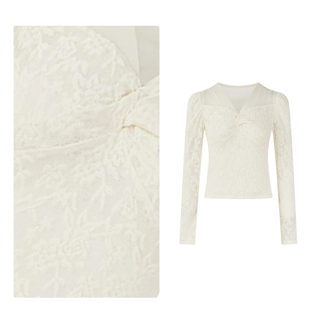 门店32&9！篙颜设计！气质UP~网纱拼接扭结显瘦打底上衣女 C20506