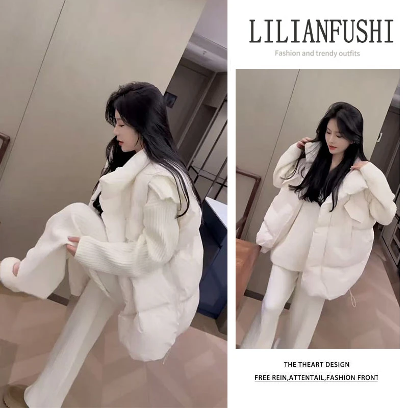 2025秋冬新款百搭宽松马甲外套纯色长袖针织衫显瘦阔腿裤三件套女