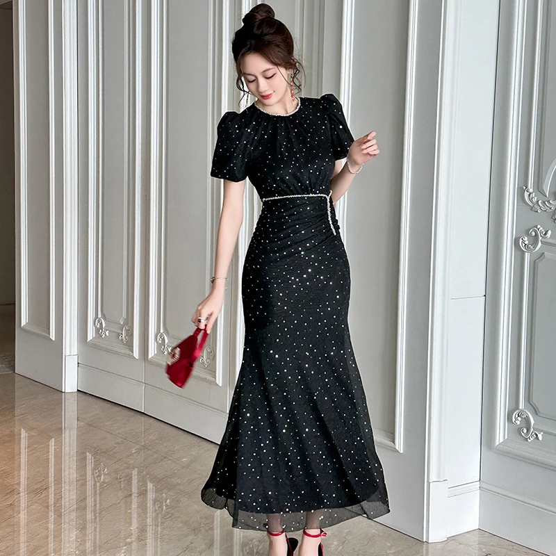 21648 法式气质时尚名媛显瘦赫本风优雅波点显瘦鱼尾连衣裙