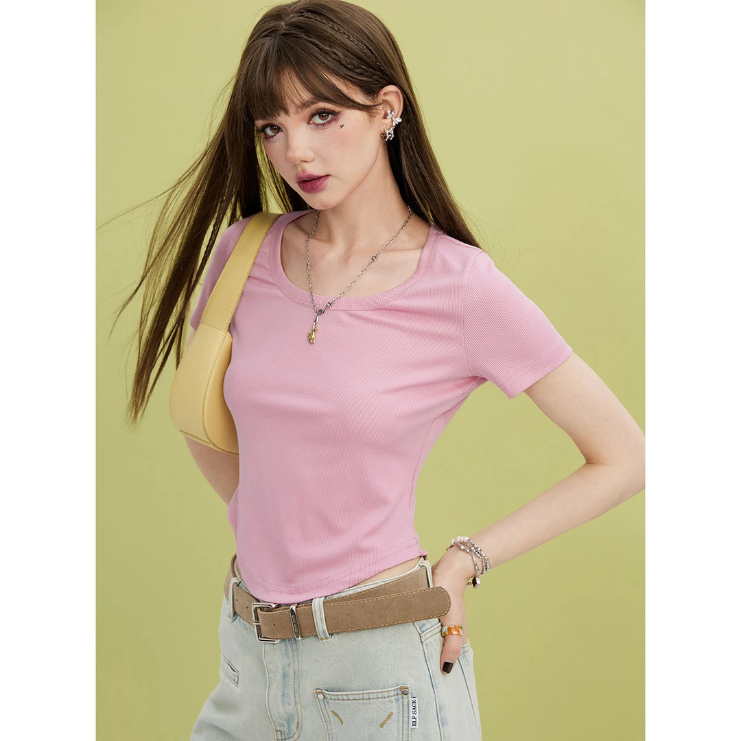 5002【金拐子】妖精的口袋度假系列春夏新款U领修身短袖T恤女显