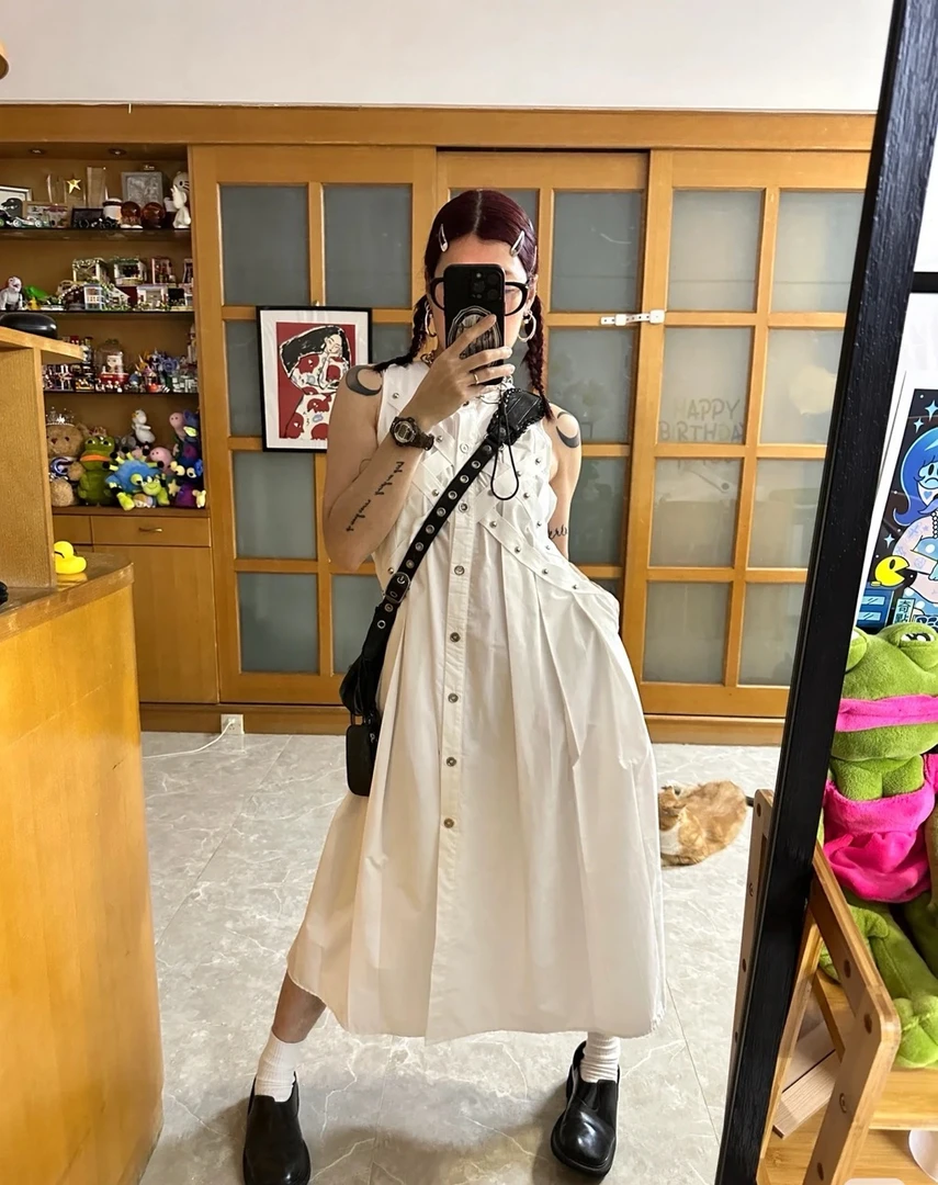 小众买手店复古美式甜辣白色衬衫连衣裙女2025夏甜辣风长裙