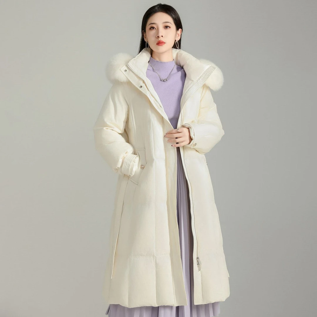 Smen诗萌90%白鸭绒2024冬季新款保暖狐狸毛领连帽中长款羽绒服