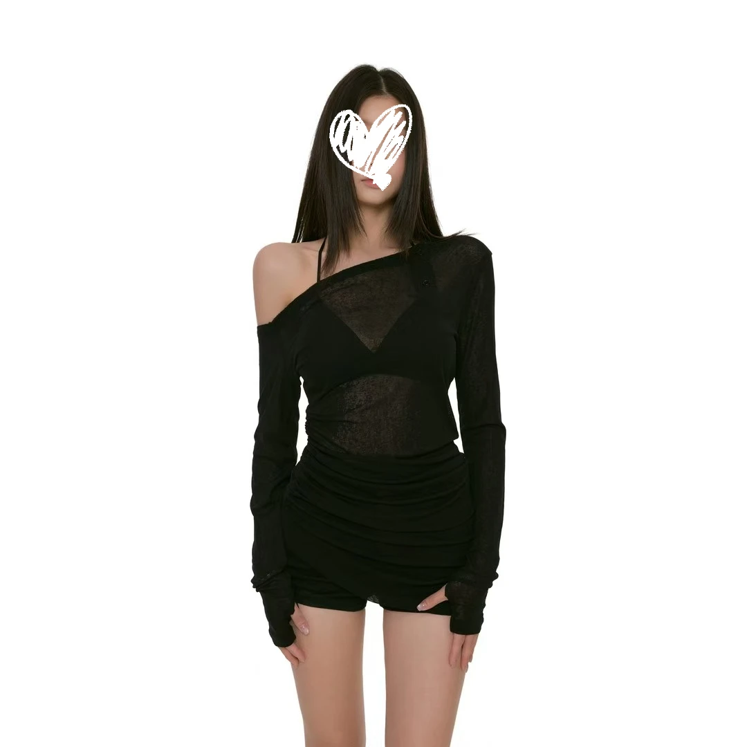 斜肩露肩上衣夏薄款收腰显瘦长袖T恤女辣妹微透防晒罩衫