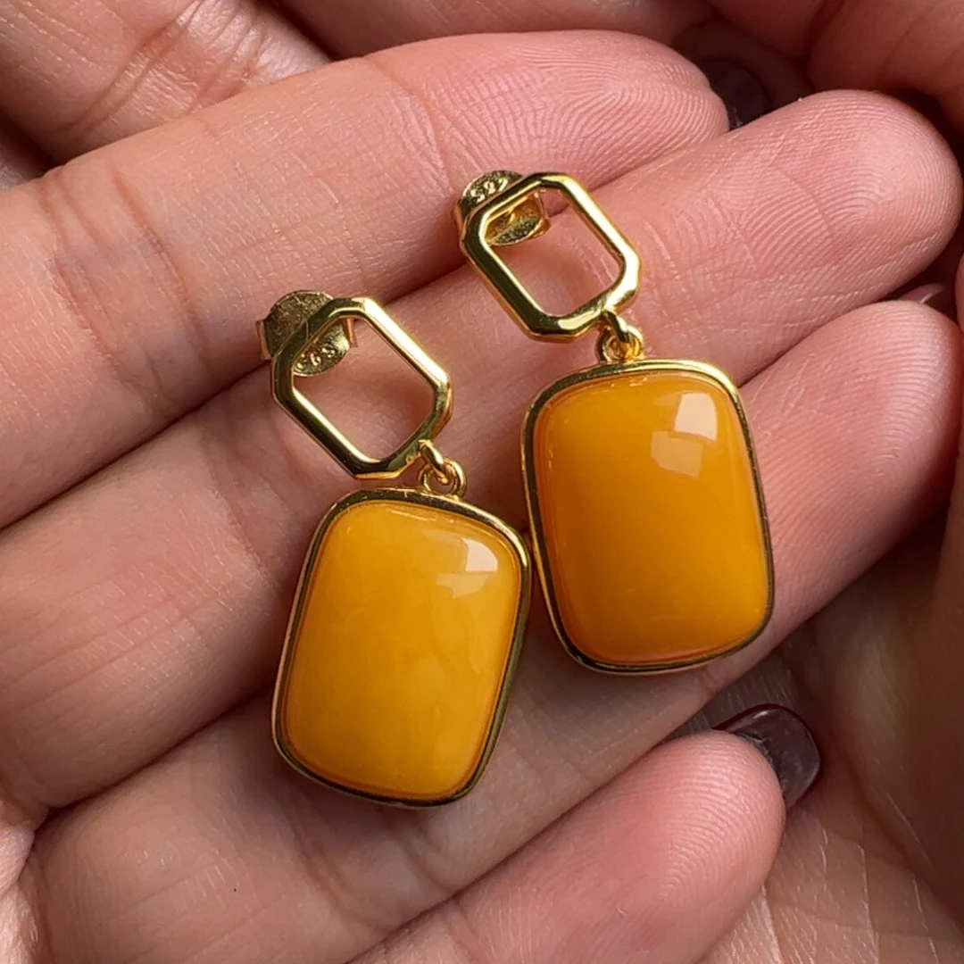 蜜蜡耳饰银S925镀金镶嵌