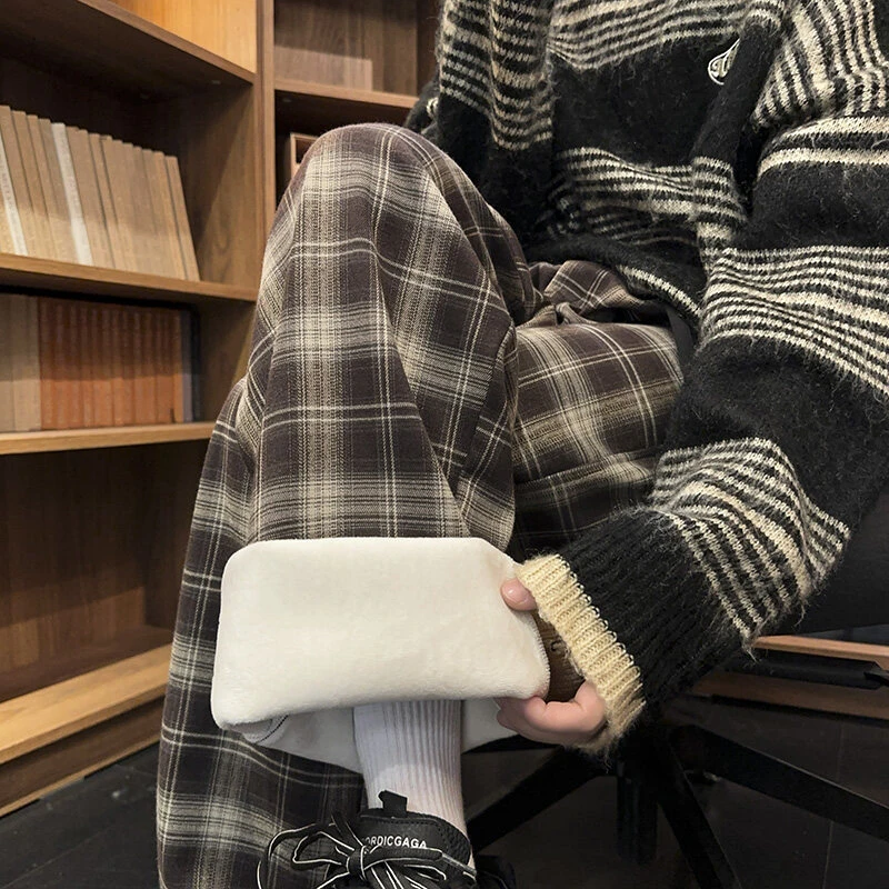 66899和66899J美式复古格纹磨毛休闲裤男加绒加厚阔腿拖地裤