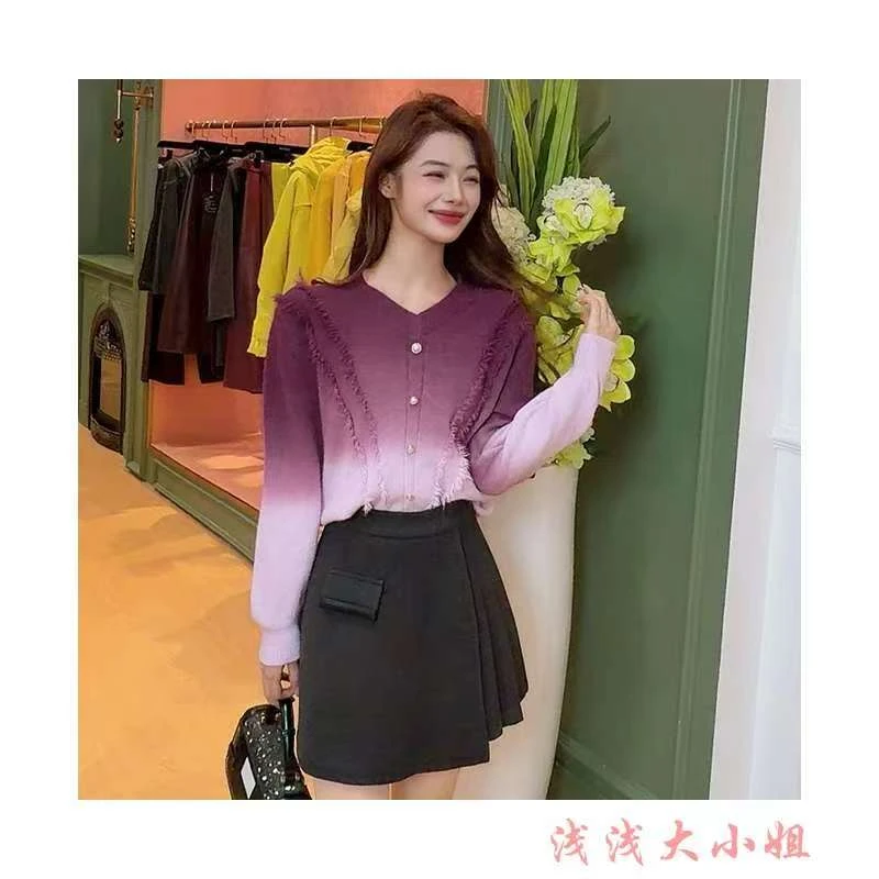 鸡心领通勤气质显瘦大小姐渐变长袖百搭毛衣女毛厚款针织衫上衣女