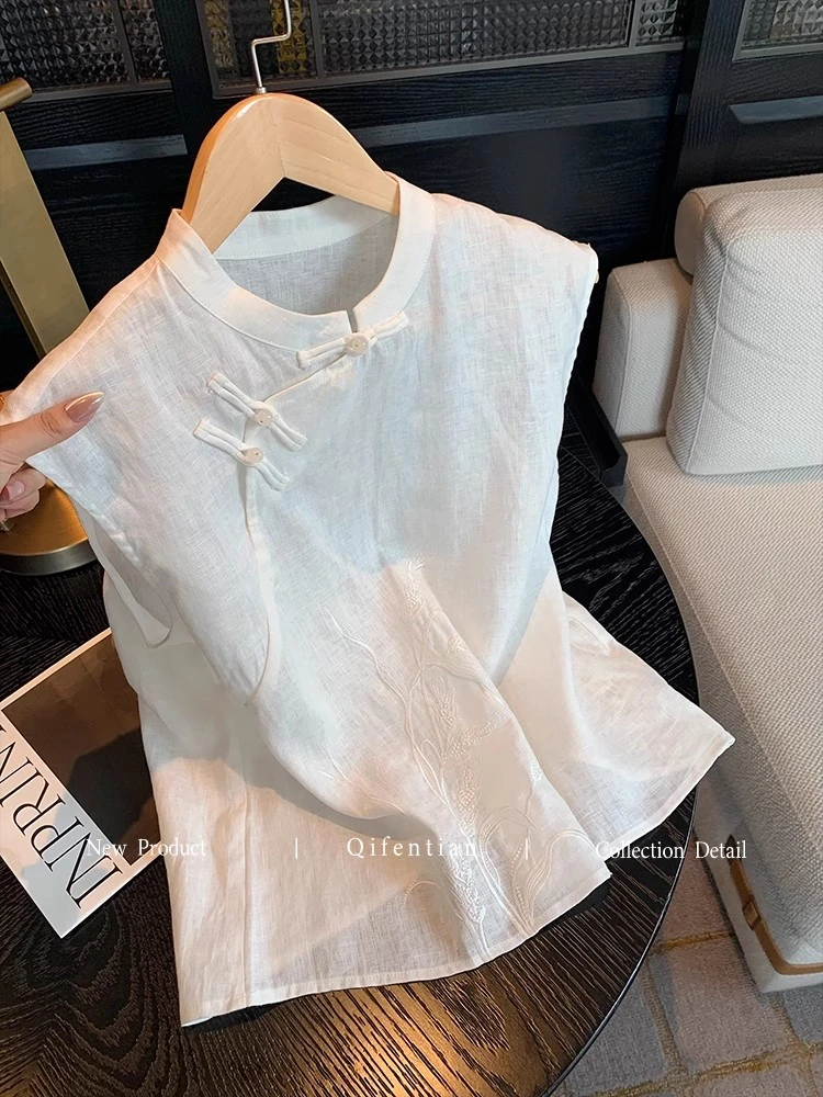 白色新中式刺绣亚麻盘扣背心女夏高级感气质简约百搭无袖衬衫上衣